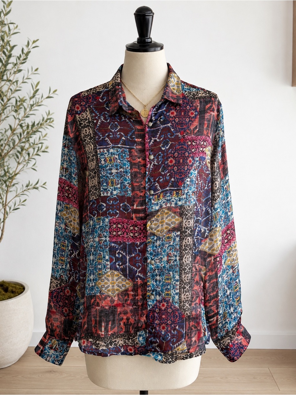 ASOS Silky Womens Medium Patchwork Tapestry Persian Print Button Down Shirt Boho - Picture 3 of 8
